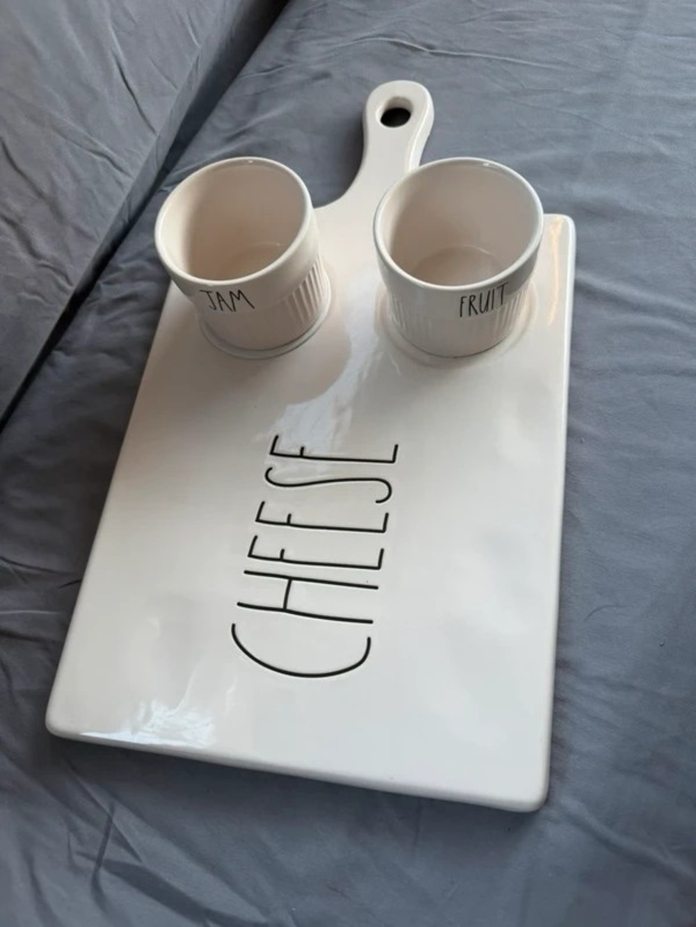 White Ceramic Cheese Serving Board with Two Matching Cups